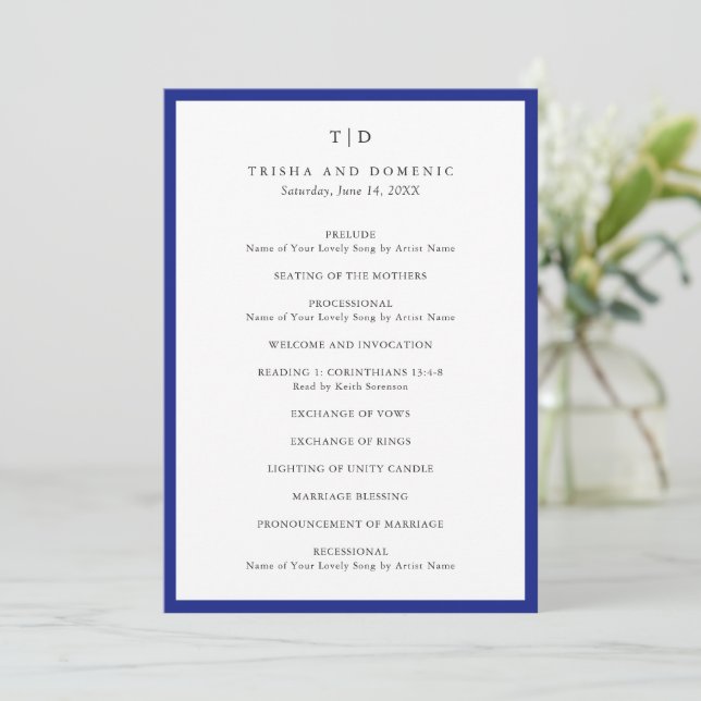 Elegant Royal Blue Monogram Modern Wedding Program (Standing Front)