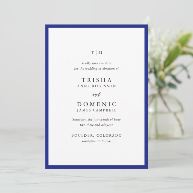 Elegant Royal Blue Monogram Modern Wedding Save The Date (Standing Front)