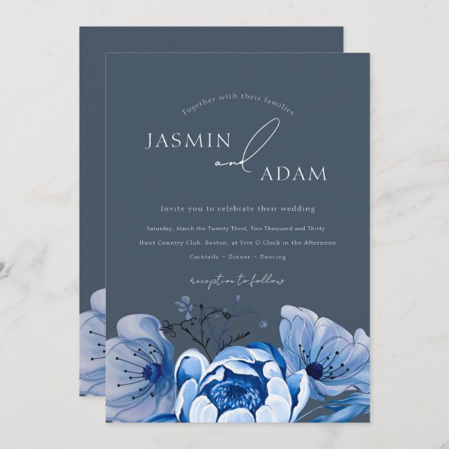 Elegant Royal Blue Opulence Floral Roses Wedding  Invitation (Front/Back)