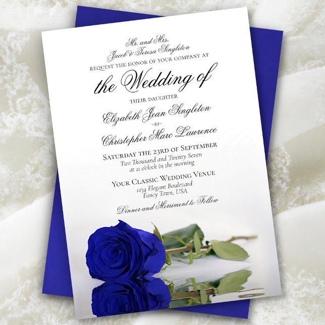 Elegant Royal Blue or Cobalt Rose Formal Wedding Invitation (In Situ Front and Back)