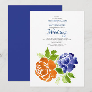 Elegant Royal Blue Orange Floral Summer Wedding Invitation