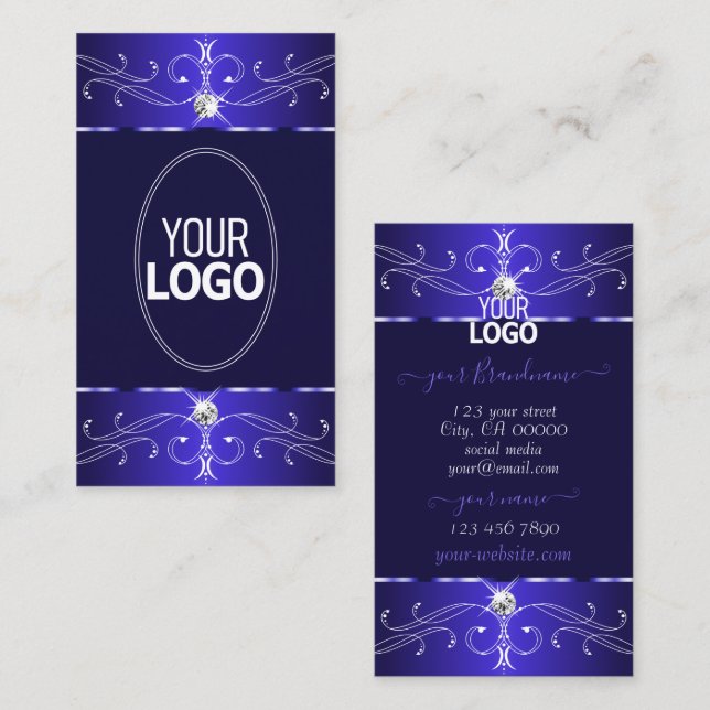 Elegant Royal Blue Ornate Ornaments with Logo Chic Business Card (Front/Back)