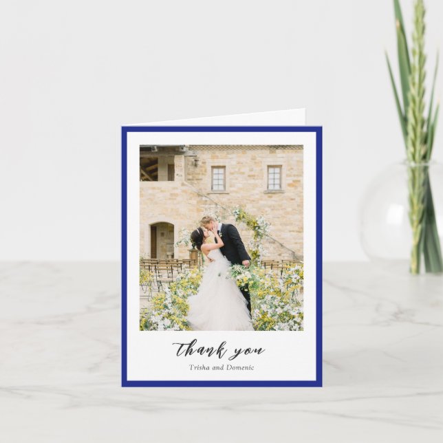 Elegant Royal Blue Photo Modern Wedding Thank You Card (Front)