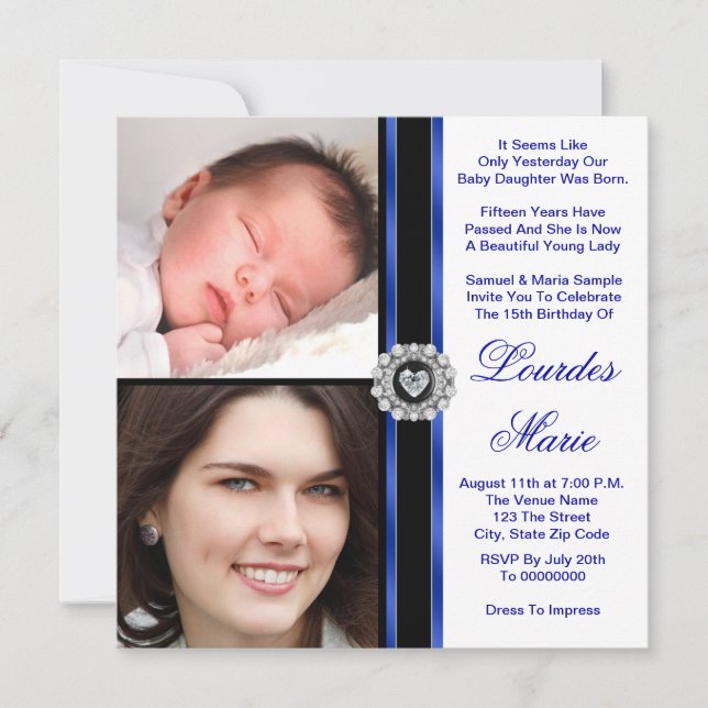 Elegant Royal Blue Photo Quinceanera Invitations (Front)