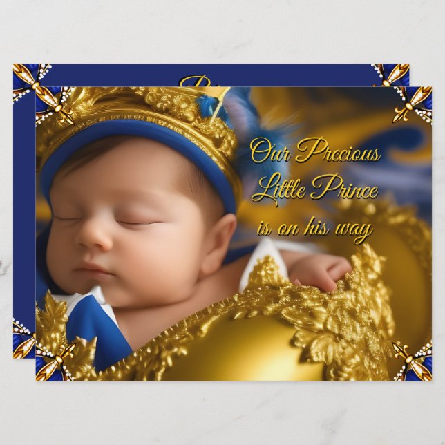 Elegant Royal Blue Prince Boy Baby Shower Gold Invitation (Front/Back)
