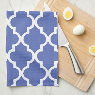 Elegant Royal Blue Quatrefoil Tiles Pattern Tea Towel