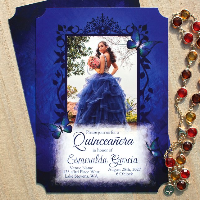 Elegant Royal Blue Quinceanera, Ornate Photo Frame Invitation (Bold royal blue quinceanera invitations, navy blue vines leaves border around photo and butterflies)