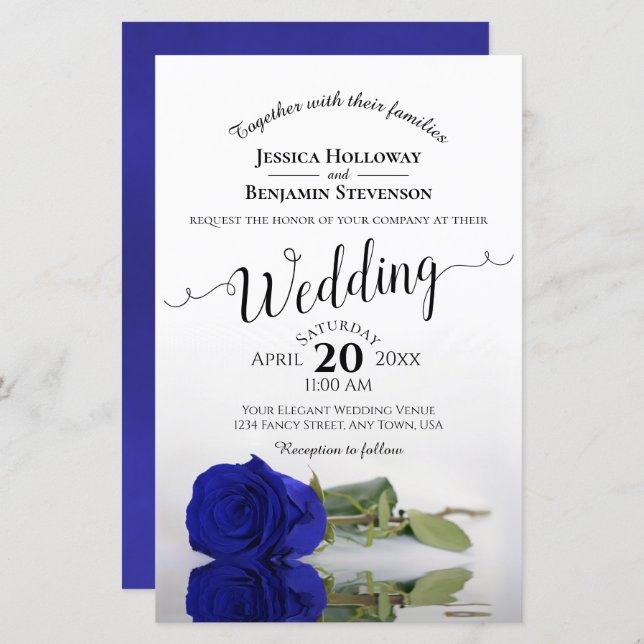 Elegant Royal Blue Rose BUDGET Wedding Invitation (Front/Back)