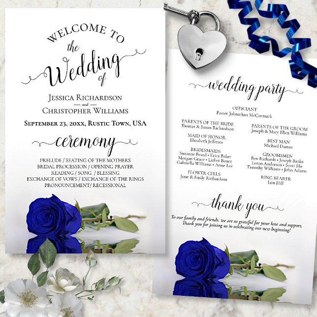 Elegant Royal Blue Rose Budget Wedding Program (In Situ Front and Back)