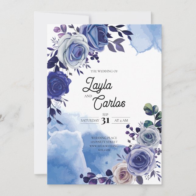 Elegant Royal Blue Rose Fancy QR Code Wedding Invitation (Front)
