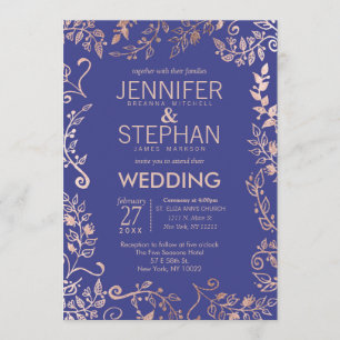 Elegant Royal Blue Rose Gold Floral Wedding Invitation