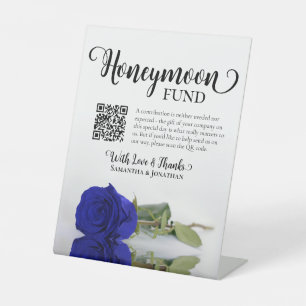 Elegant Royal Blue Rose Honeymoon Fund QR Code Pedestal Sign