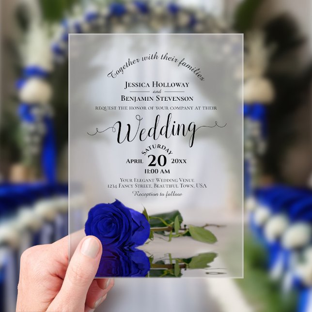 Elegant Royal Blue Rose Lacy Calligraphy Wedding Acrylic Invitations (Frosted with Rectangle Cut)