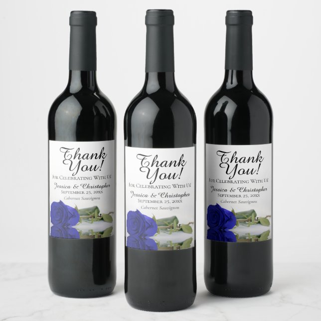 Elegant Royal Blue Rose Wedding Thank You Wine Label (Bottles)