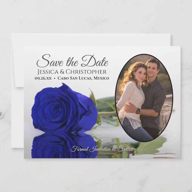 Elegant Royal Blue Rose with Oval Photo Wedding Save The Date (Front)