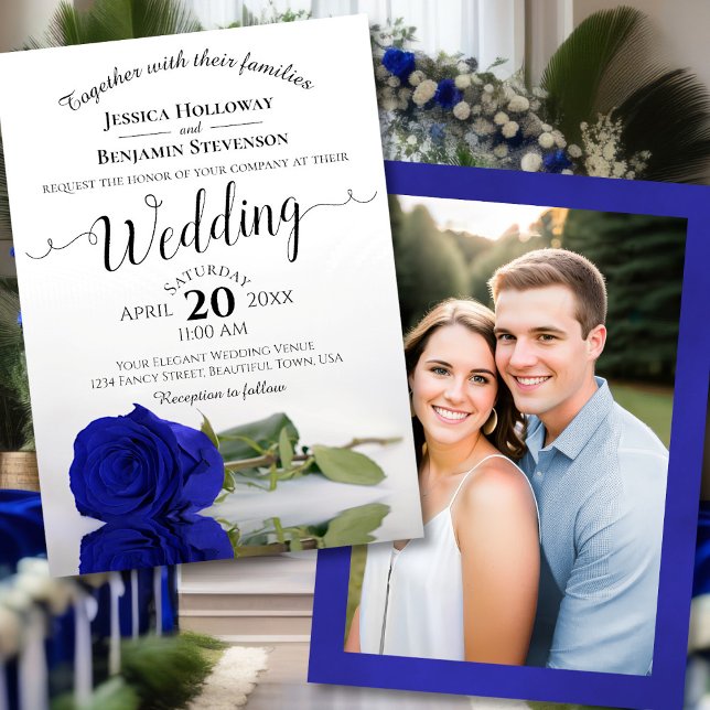 Elegant Royal Blue Rose with Photo Wedding Invitation (Front/Back)