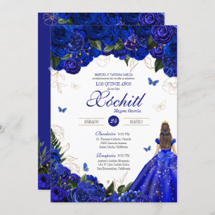 Elegant Royal Blue Roses Butterfly Quinceañera Inv Invitation