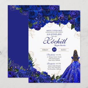 Elegant Royal Blue Roses Floral Quinceañera Invitation
