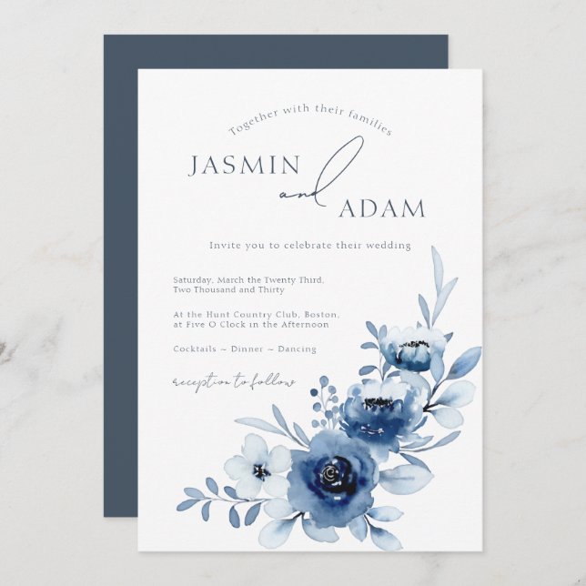 Elegant Royal Blue Roses Floral Wedding Invitation (Front/Back)