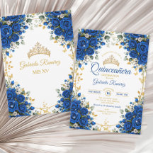 Elegant Royal Blue Roses Golden Quinceañera
