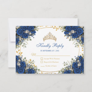 Elegant Royal Blue Roses Golden Quinceañera RSVP Card