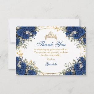 Elegant Royal Blue Roses Golden Quinceañera Thank You Card