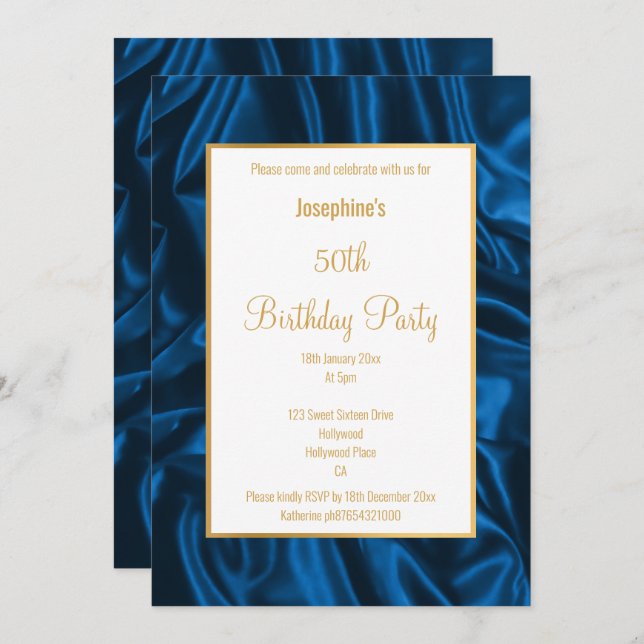 ELEGANT ROYAL BLUE SATIN BIRTHDAY INVITATION (Front/Back)