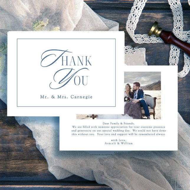 Elegant Royal Blue Script Wedding Photo Thank You Card (Creator Uploaded)