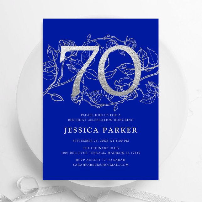 Elegant Royal Blue Silver 70th Birthday Invitation (Creator Uploaded)