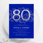 Elegant Royal Blue Silver 80th Birthday Invitation<br><div class="desc">Elegant royal blue silver 80th birthday party invitation. Customisable modern feminine design featuring roses botanical accents and faux glitter silver. Simple floral invite card perfect for a stylish female bday celebration. Personalise with your own details. Printed Zazzle invitations or instant download digital printable template.</div>