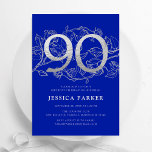 Elegant Royal Blue Silver 90th Birthday Invitation<br><div class="desc">Elegant royal blue silver 90th birthday party invitation. Customisable modern feminine design featuring roses botanical accents and faux glitter silver. Simple floral invite card perfect for a stylish female bday celebration. Personalise with your own details. Printed Zazzle invitations or instant download digital printable template.</div>