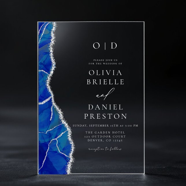 Elegant Royal Blue Silver Agate Wedding Monogram Acrylic Invitations (Creator Uploaded)