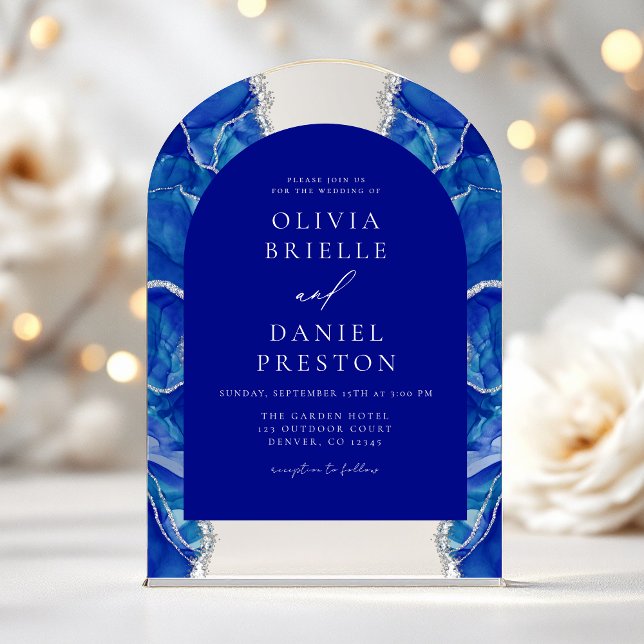 Elegant Royal Blue Silver Agate Wedding Monogram Acrylic Invitations (Creator Uploaded)