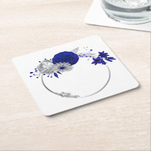 elegant royal blue & silver flowers square paper coaster