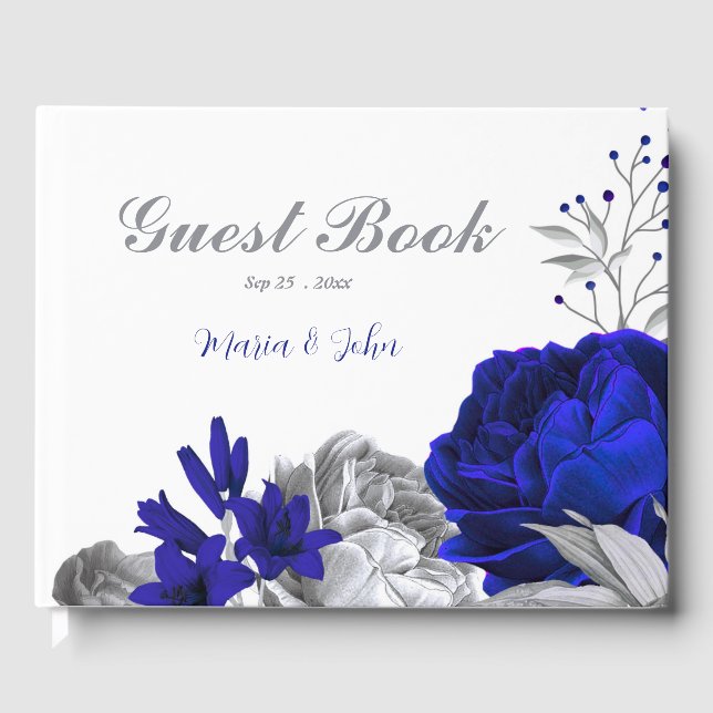 elegant royal blue silver flowers wedding guest book (Front)