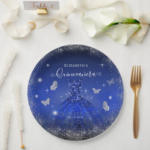 Elegant Royal Blue Silver Glitter Gown Quinceañera Paper Plate