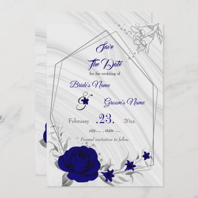 elegant royal blue silver grey geometric save the date (Front/Back)