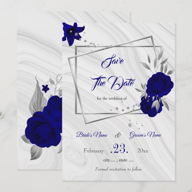 elegant royal blue silver grey geometric save the  date (Front/Back)