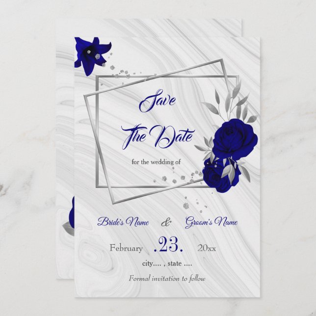 elegant royal blue silver grey geometric save the  save the date (Front/Back)