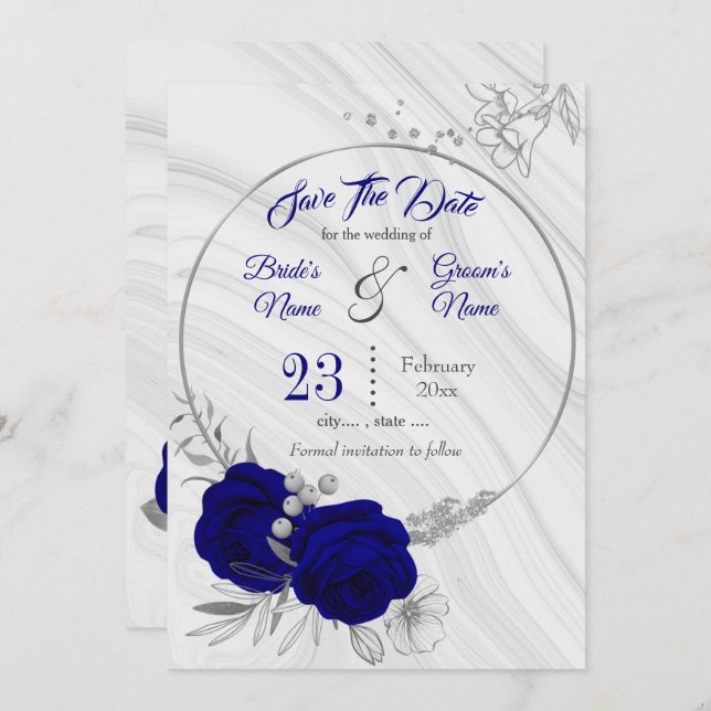 elegant royal blue silver grey  save the date (Front/Back)