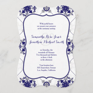 Elegant Royal Blue Silver Medallion Print Wedding Invitation