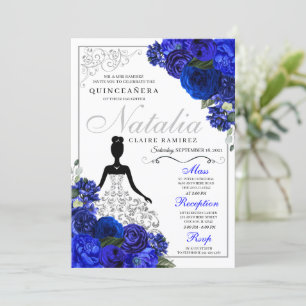 Elegant Royal Blue Silver Quinceanera Birthday  Invitation