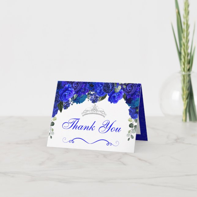 Elegant Royal Blue Silver Quinceanera Thank You Invitation (Front)