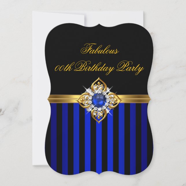 Elegant Royal Blue Stripe Gold Pearl Birthday Invitation (Front)