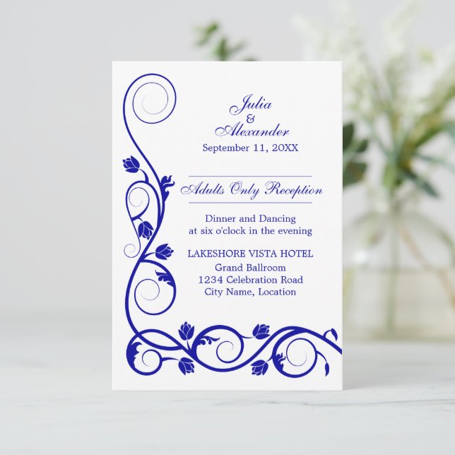 Elegant Royal Blue Swirls Reception Invitation (Standing Front)