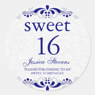 Elegant Royal-Blue Tones Floral Lace White Damasks Classic Round Sticker