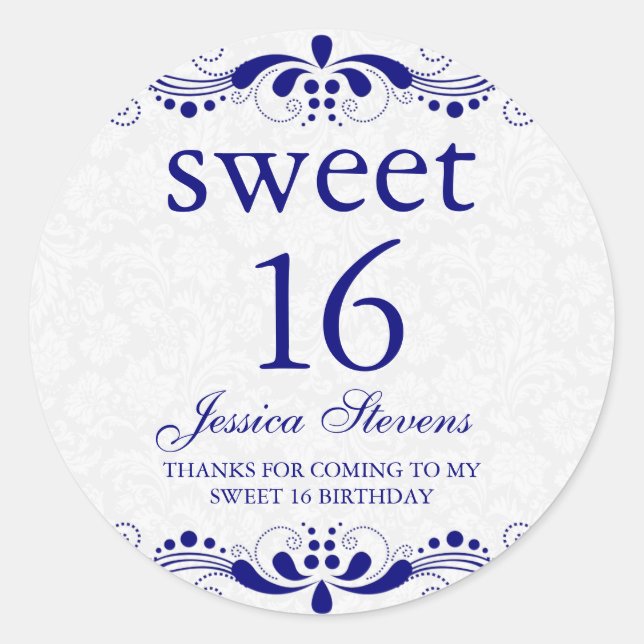 Elegant Royal-Blue Tones Floral Lace White Damasks Classic Round Sticker (Front)