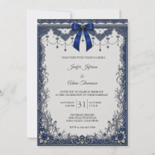 Elegant Royal Blue Vintage Lace Wedding Invitation