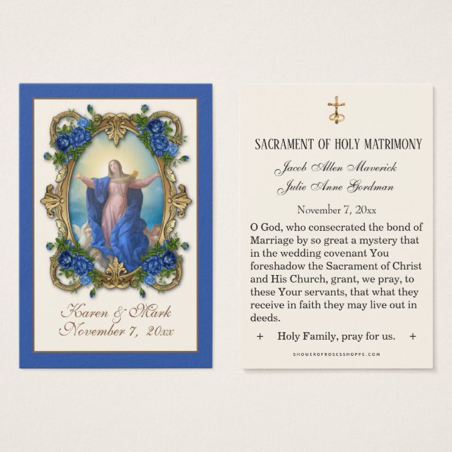 Elegant Royal Blue Virgin Mary Wedding Holy Cards (Front & Back)