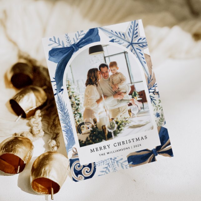 Elegant Royal Blue Watercolor Arch Photo Christmas Holiday Card (Elegant Royal Blue Family Photo Christmas Card)